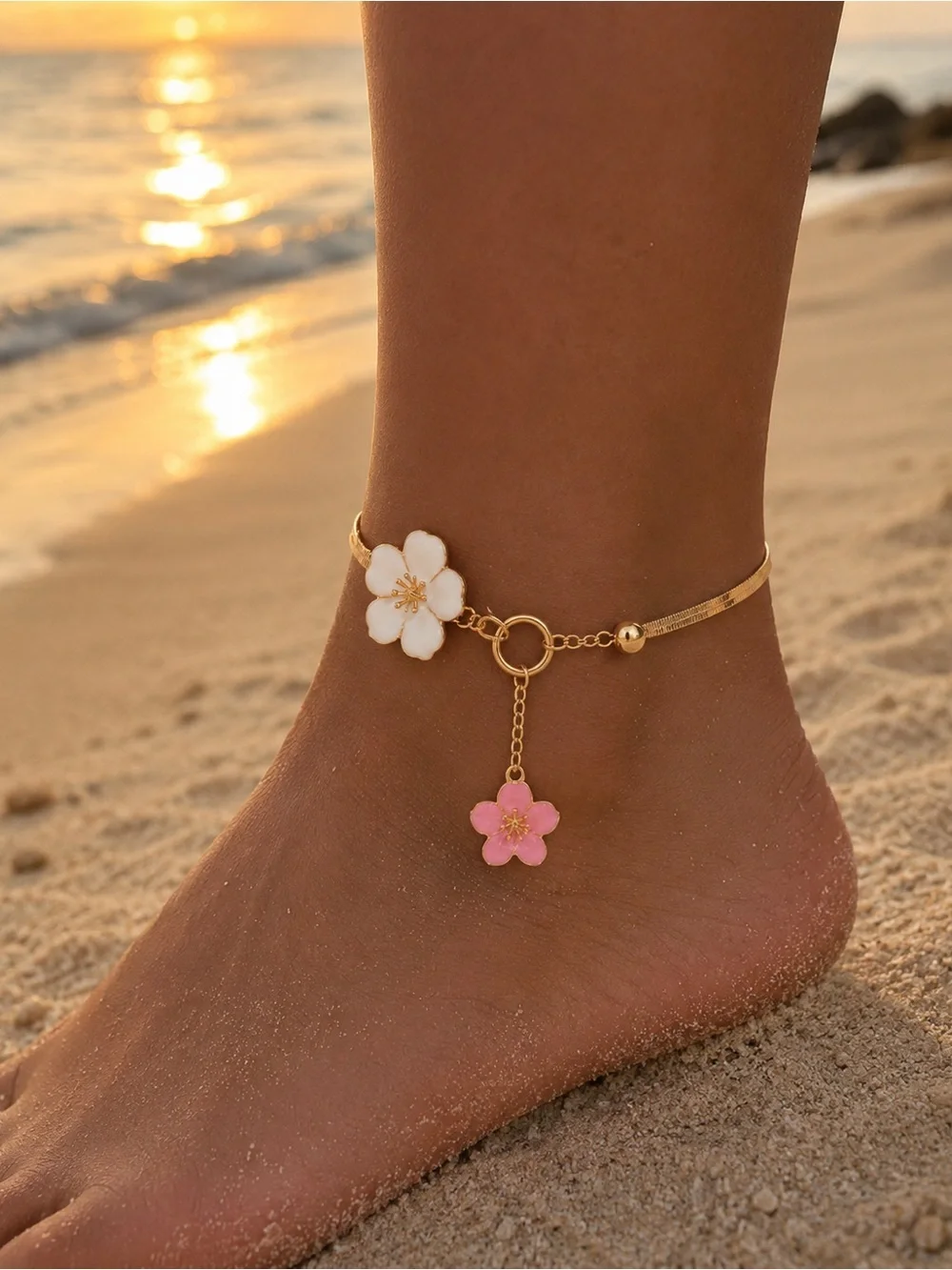 Gold Floral Anklet White & Pink Flower Charm Beach Boho Summer Jewelry